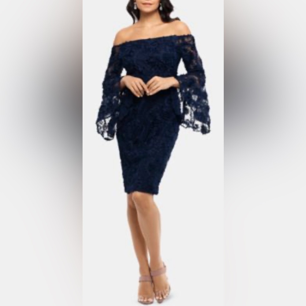 Xscape Navy Off-Shoulder Lace Dress